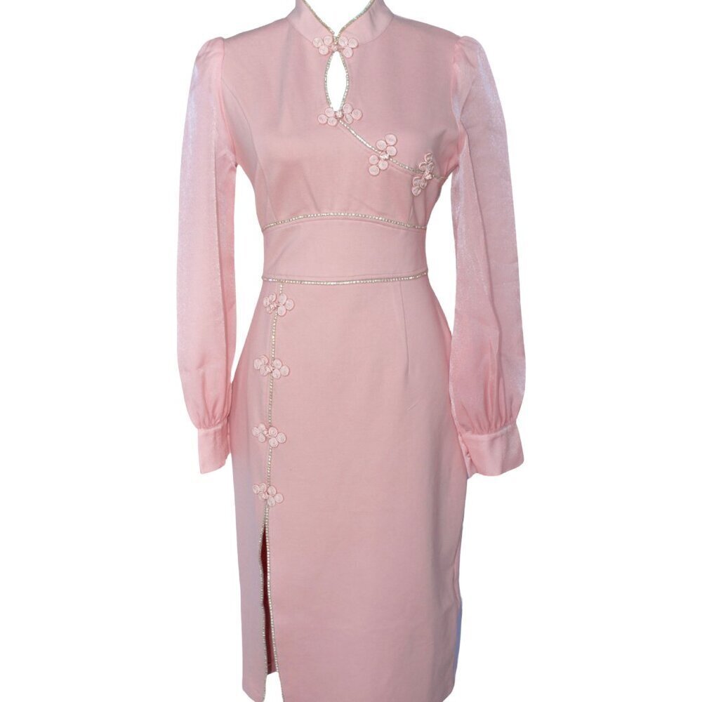 Pink Side Slit Midi Spring Dress with flowers - Picture 3 of 9
